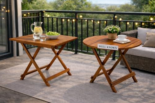 Image of WELL KNOWN Patio Foldable Coffee /Tea Center Table, Outdoor Wooden Round & Square Portable Folding Picnic Camping, Dining Table for Balcony Living Room, Garden Bistro Side Table, Natural Brown Finish