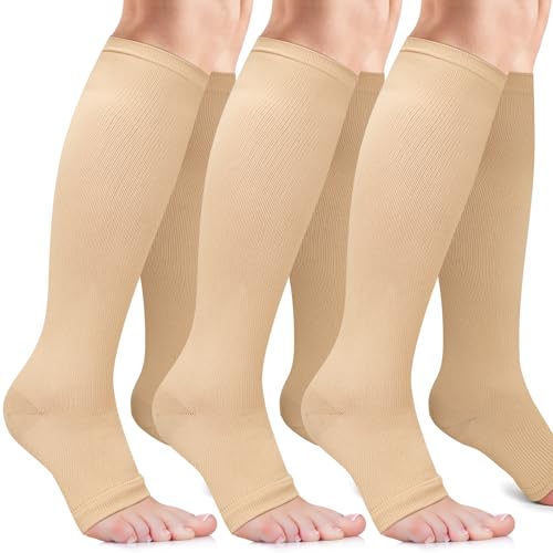 Image of Open Toe Compression Socks for Men & Women - 3 Pairs 15-20 mmhg Toeless Knee High Stockings for Circulation, Nursing, Running