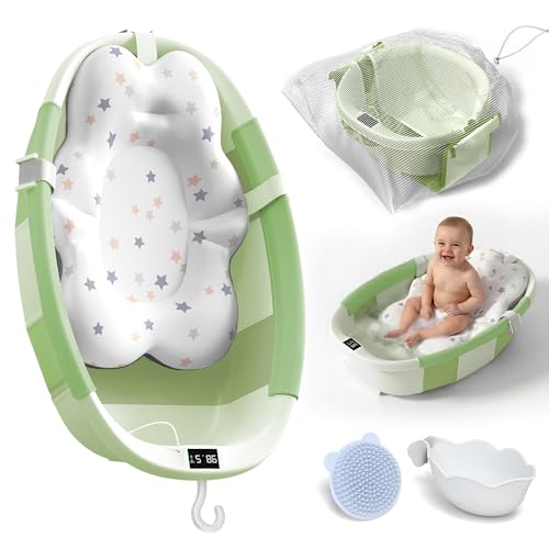 Collapsible Baby Bathtub - Large Baby Bath Tub with Thermometer | Bath Essential Bañera para Bebe Easy Fold Baby Tub | Travel Infant Newborn Toddler Bathtub for Baby Girl Boy 0 to 36 Months(Green)