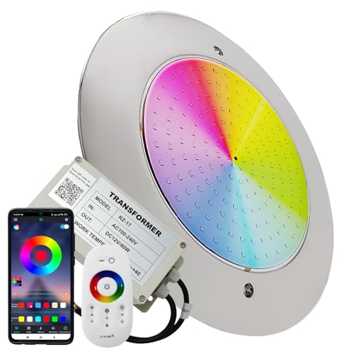 LED ATOMANT Foco de Piscina LED 12W RGB Impermeable IP68, Ø25cm, Acero Inoxidable, Montaje en Superficie, con Transformador AC 220V/12V DC y Mando a distancia Control Remoto, APP Bluetooth
