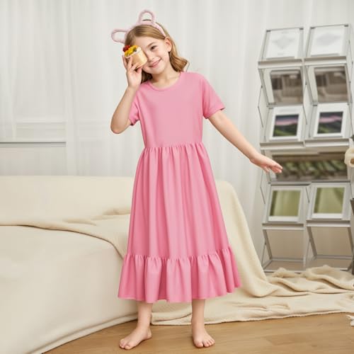 LQSZ Girls Maxi Summer Dress with Pocket Short Sleeve Spring Boho Long Sundress Casual School for Kids Size 3-12 Years3