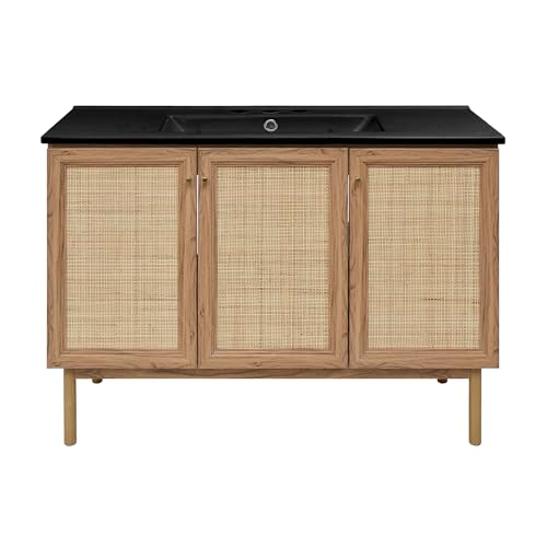 Image of Swiss Madison Classe 48 in. Brown Oak Bathroom Vanity with Black, 3-Hole Ceramic Sink Top