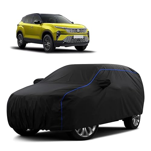 Image of Sulfar 100% Water Resistant Car Body Cover Compatible with Mirror for Tata Harrier (Triple Stitched, Full Bottom Elastic, Black Tafetta with Blue Piping)