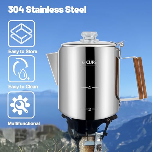 Image of 6 Cup Percolator 304 Stainless Steel Coffee Pot Coffee Maker Coffee Machine with Solid Wood Handle Transparent Knob Stovetop Greca Mocha for Induction Home and Camping 1000ml 33.8oz