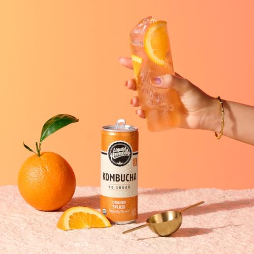 Liquid Remedy Kombucha Sugar Free Organic Drink, Low Calorie, Probiotic Like Tea for Gut Health - Orange Splash - 8.5 Fl Oz Can, 24-Pack