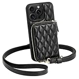 LAMEEKU for iPhone 15 Pro Wallet Case, RFID Blocking Crossbody Quilted Leather Zipper Card Slots with Chain Wrist Strap Lanyard Cover for iPhone 15 Pro 6.1' Black