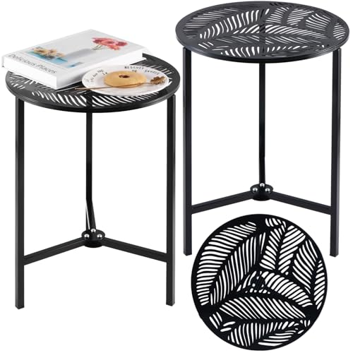 2 Packs 13" Metal Outdoor Side Tables Small Black Outside End Table for Patio Round Accent Corner Stand for Small Spaces Weather-Resistant Coffee Table for Balcony Porch Plant Stand, Palm Leaf