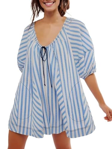 SurBepo Women Casual Striped Summer Rompers Adjustable Neck Wide Leg Puff Sleeve Jumpsuits with Pockets(Blue,S)