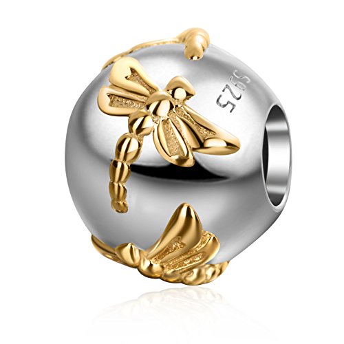 Gold Plated Dragonfly Round Charms 925 Sterling Silver Animal Charm for Pandora 3mm Snake Chain Bracelet,Mothers Day Gifts
