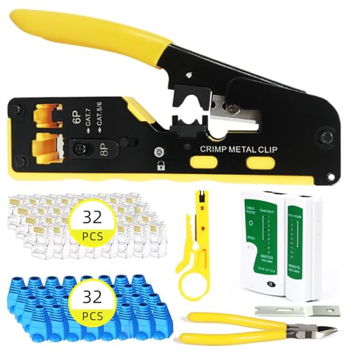 Netzwerk Werkzeug Set, RJ45-Crimpwerkzeugsatz, für CAT5/CAT6/CAT7-Netzwerkstecker Netzwerkstecker, 32-teilige Stecker und Kabelschutz, Abisolierzange, Crimpwerkzeug für gerade Unterbrecher