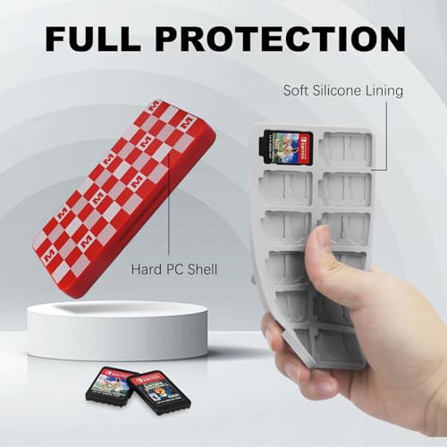 Image of FYY Nintendo Switch Game Case Holder for Switch 2 Cartridge Case with 24 Game Card Slots & 48 Micro SD Card Slots, Hard Shell, Silicone Lining Red M Pattern