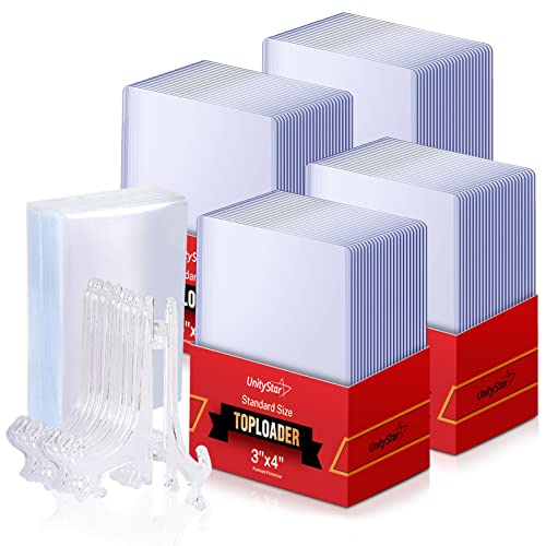 Top Loaders for Cards, UnityStar 305 PCS Trading Card Sleeves 100 35pt Card Top Loaders, 200 Soft Clear Penny Sleeves, 5 Display Stand, Protective Baseball Card Sleeves for Sports Cards