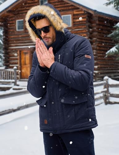 MAGCOMSEN Herren Fleece Parka Gefüttert Outdoor Winterjacke Winddicht Freizeitjacke Warme Daunenjacke Männer Fahrrad Arbeitsjacke Dick Wandern Mantel mit Abnehmbar Kapuze Dunkelblau L