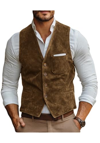 Men's Suede Leather Suit Vest Slim Fit V-Neck Western Cowboy Waistcoats for Wedding Party
