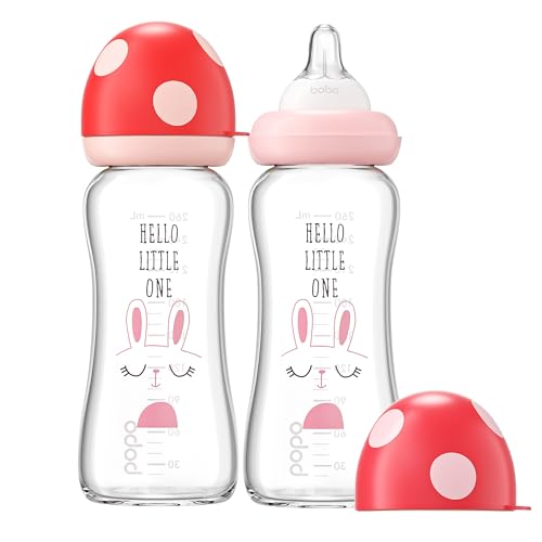 Image of YOHKOH Natural Glass Baby Bottle with Natural Response Nipple, Newborn Anti-Colic Baby Bottles, Wide Neck Mushroom Cap Baby Bottle, Clear (8.8ounce (Pack of 2), Red1)