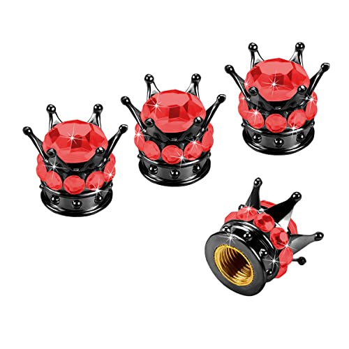 Crown Tire Valve Stem Caps, 4Pcs Handmade Bling Rhinestone Car Stem Air Caps Cover, Dustproof Tire Valve Caps For Bike Motorcycle Wheels, Auto Exterior Accessories For Girl Women (Black/Red) #TOP30