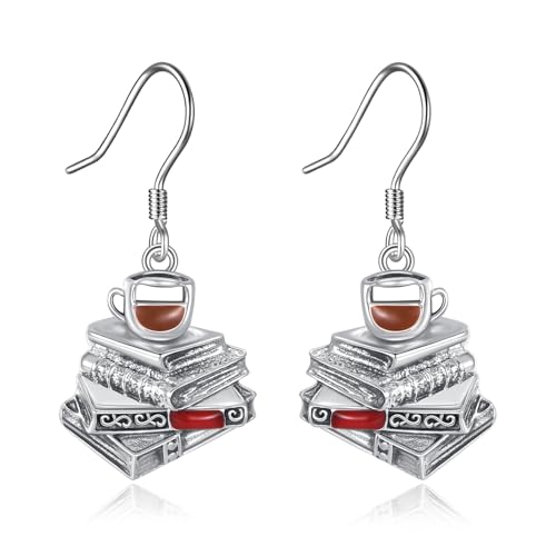 Book Lover Gifts Sterling Silver Book Drop Earrings Books Jewellery Gifts for Coffee Lovers Women