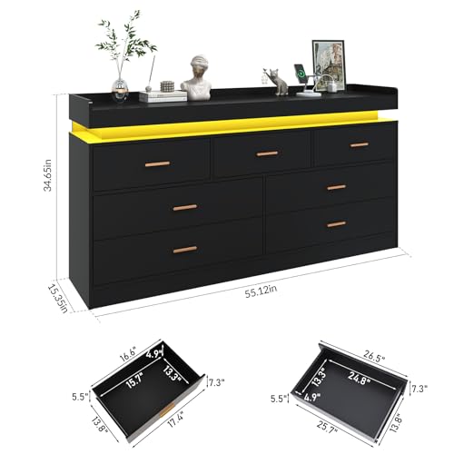 Image of jiteentarou 7 Drawer Dresser with Charging Station and LED Lights, Modern Chest of Drawers with Power Outlet, Organizer Cabinet for Bedroom, Living Room, Entryway, Black