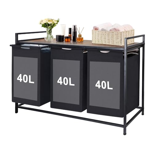 Extra Large Laundry Hamper, Laundry Hamper 3 Section with shelf - 120L Capacity, Laundry Basket for Clothes-1 Storage Shelf, Laundry Sorter for Laundry Room, Bedroom