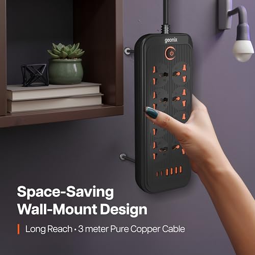 Image of Geonix PowerSpan U8 | Power Strip with 8 Universal Sockets, 2500W Max., 4 USB Ports, 2 C-Type Port, 10 Amps, 3 Mtr Copper Cable, Overload Surge Protection, Durable Abs Body, 250 Volts (Black)