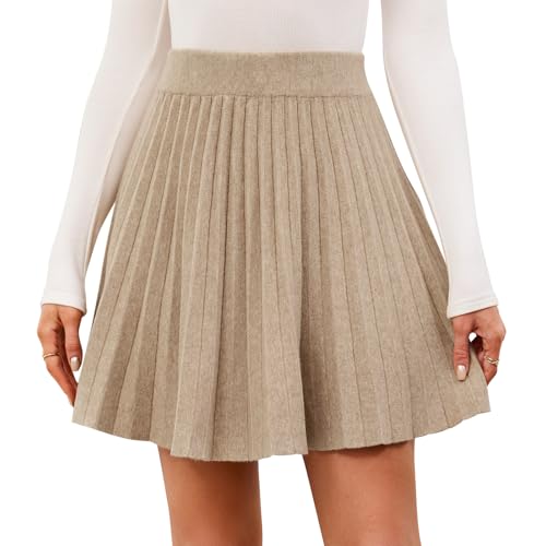 Genfien Faldas para Mujer Línea A Plisada De Punto Tailla Alta Cinturón Elástico Mini Falda Otoño Invierno