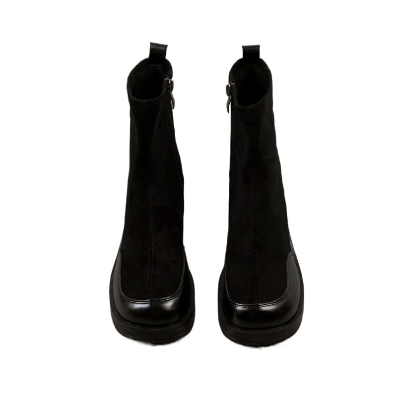 Womens Platform Ankle Boots Chunky High Heel Square Toe Stretch Short Combat Boots Booties for Women