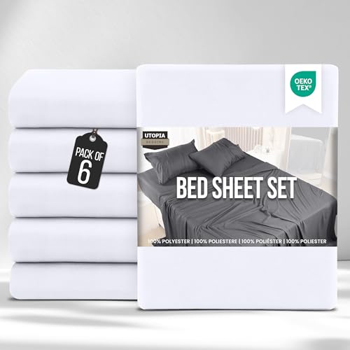 Utopia Bedding Bed Sheets Set Bulk Pack of 6 (King, White) – Fitted Sheet, Flat Sheet with Pillow cases 50x75 – Wrinkle, Shrinkage & Fade Resistant – Soft Brushed Polyester Microfiber Fabric