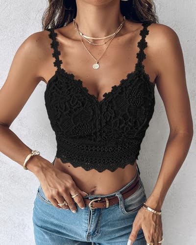 Women Lace Pattern V Neck Slim Fit Vest Cami Top Spaghetti Strap Sleeveless Lightweight Tank Basic Casual Daily Wear3