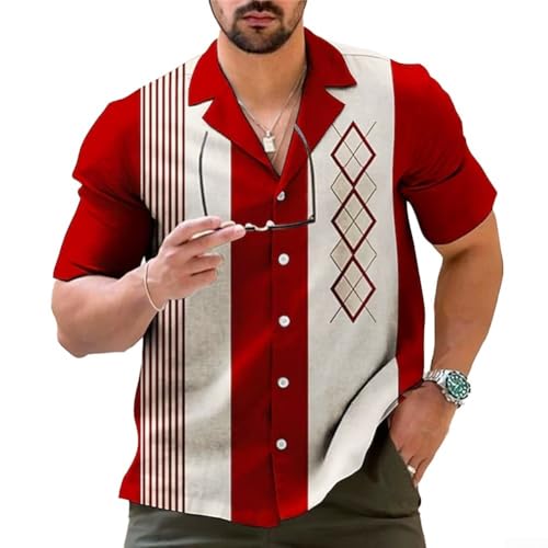 Oniissy Camisa de bolos retro casual para hombre, camisa de manga corta a rayas vintage, camisa de bolos retro de manga corta para hombre (XL rojo)