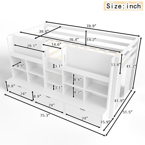 Image of Twin Size Low Loft Bed for Kids with Storage Shelves, Play Curtain & Chalkboard,Space-Saving Design,No Box Spring Needed (White-S7)