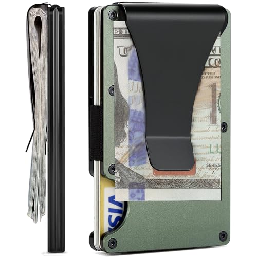 Image of Minimalist Wallet for Men, Slim Metal RFID Blocking Wallet Credit Card Holder Money Clip & Cash Strap, Scratch-Resistant Holds 15 Cards,Ideal Gift for Men | Matt Green