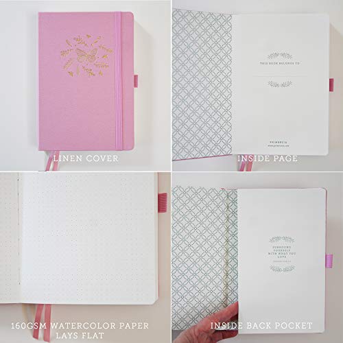 Primrosia A5 Dot Grid Watercolor Journal Notebook – 160 Pages I 160Gsm Premium Heavy Paper, No Bleed – Luxe Linen Hard Cover With Cute Butterfly Slip Cover (Blushing Pink) #TOP4