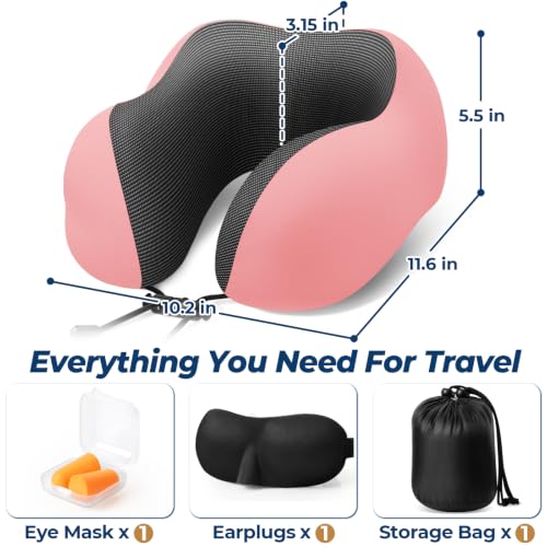 Image of ExploreBliss Travel Pillow, Memory Foam Neck Pillow Airplane, Pink | Travel Pillows for Airplanes, Neck Pillow Airplane, Memory Foam Neck Pillow Set with Eye Mask, Earplugs