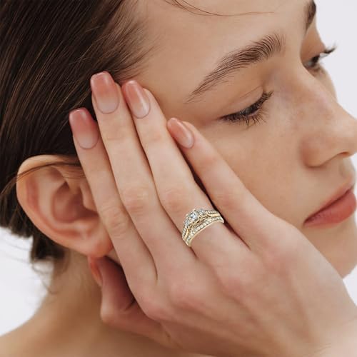 10K 14K 18K Gold 3 Stone Moissanite Bridal Rings Sets for Her, 2.6 CT. tw. Princess Cut Moissanite Engagement Ring Set for Women Wedding Ring Set for Engagement Anniversary Eternity Band4