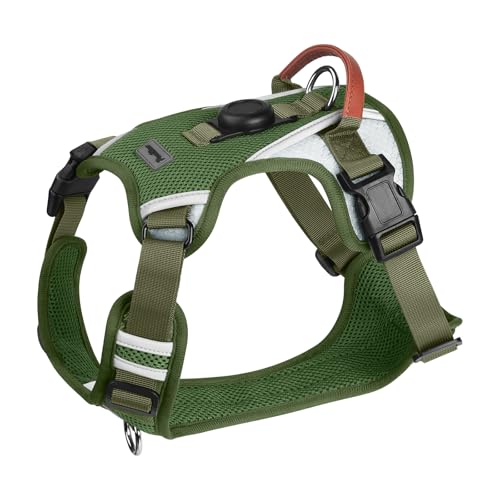 Heavy Duty Dog Harness with AirTag Holder – No-Pull, Reflective, Secure Buckle, Adjustable Vest with Handle for Walking & Training (Army Green, Small)