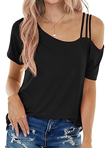 ANIXAY Women's Summer Off Shoulder Strappy T Shirts Tunic Casual Basic Tops Blouse Shirts Black-Medium