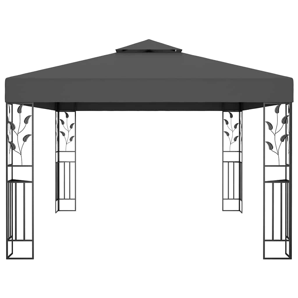 Pavillon 3x4 m Anthrazit mit Doppeldach aus Polyester & Solar LED Lichterkette Stahl Gestell Garten Grill Party Gazebo für Terrasse Balkon und Outdoor Events