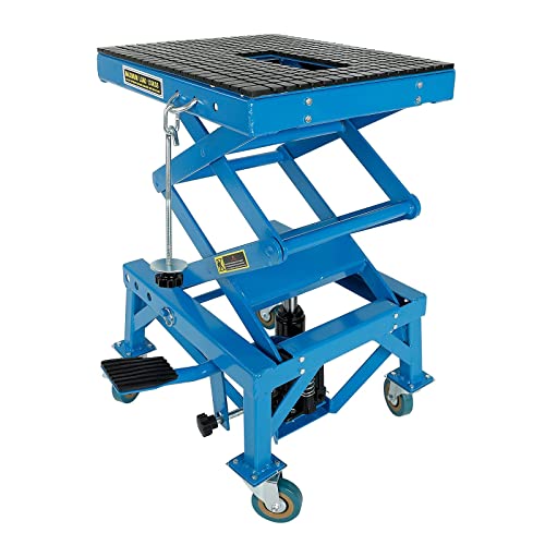 300lbs Heavy Duty Hydraulic Motorcycle Scissor Jack Lift with The Foot Peg Hold Downs Fit for Motorbike Dirt Bike Hydraulic Center Stand Lift with 4 Wheels