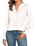 ZAFUL Womens Tops Dressy Casual V Neck Shirts Cute Y2K Puff Sleeve Going Out Tops Comfy Satin Blouses, White, M