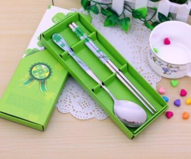 Metal Stainless Steel Chopsticks and Spoon Set Chinese Green Pattern