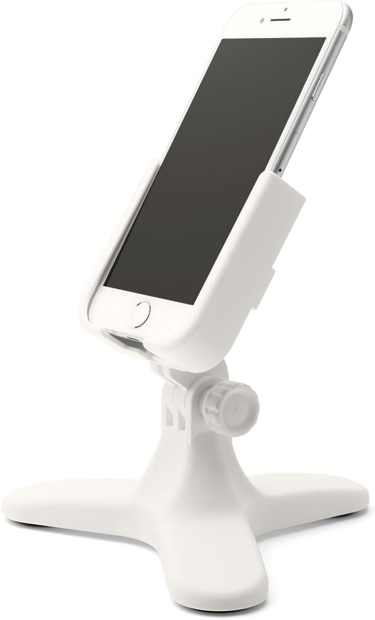 WeatherTech DeskFone in White - Adjustable, Universal Cell Phone Holder Mount Stand for Desk, Counter, Table - Tripod Design for iPhone & Smartphone Charging - Silver Metal Knobs