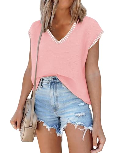 Image of SAUKOLE Women's Sweater Vest Casual V Neck Cap Sleeve Knit Pullover Tops | 2026 Spring Clothes, Soft Knit Shirts, Short Sleeves T-shirts, Tunic Blouses, Sweater Tank Tops