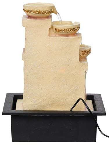 Image of CHRONIKLE Polyresin Designer Table Top Indoor Home Decor 4 Steps Waterfall Fountain with Yellow LED Lights & Water Flow Controller Pump (Size: 40 x 29.5 x 22CM | Weight: 2185grm | Color: Cream)