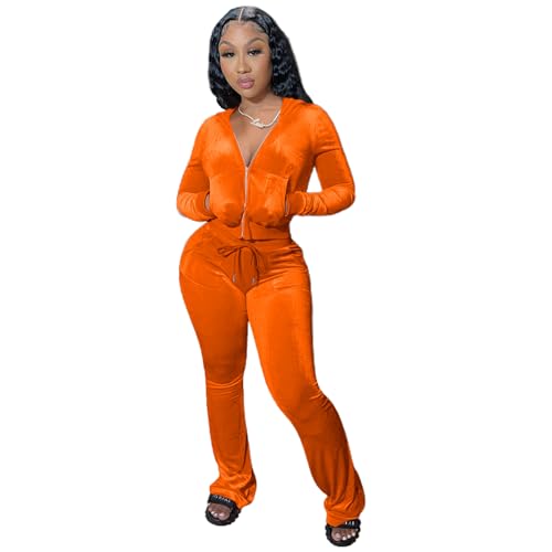 yidengymx Womens 2 Piece Velour Tracksuit Two Piece Outfits for Women Long Sleeve Zip Up Crop Tops Sweatpants Sets Pockets X-Small Hoodie/Wide Leg Pants-orange