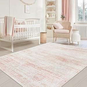 Washable Rugs 5×7 Area Rugs for Living Room,Bedroom,Dining Room- Ultra Soft Faux Wool Nursery Rug for Baby Girl,Neutral Light Pink Low Pile Vintage Carpets for Dorm Kids Playroom,Non Slip
