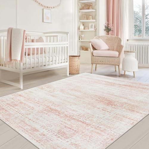 Washable Rugs 5×7 Area Rugs for Living Room,Bedroom,Dining Room- Ultra Soft Faux Wool Nursery Rug for Baby Girl,Neutral Light Pink Low Pile Vintage Carpets for Dorm Kids Playroom,Non Slip
