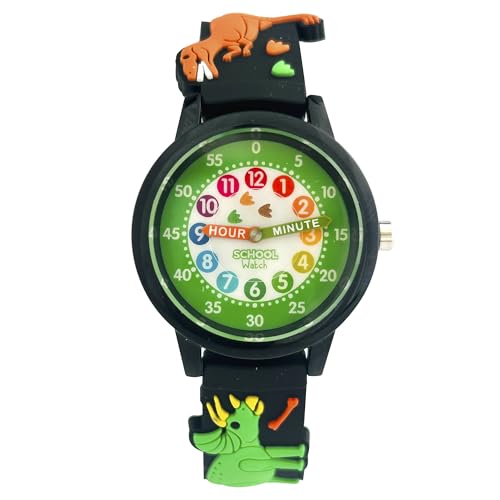 Preschool Collection Time Teacher Dino Watch - Black - T-Rex and Dinosaurs - Analog First Watch - Easy-to-Read Dial - Hypoallergenic 3D Band for Kids, Children and Boys