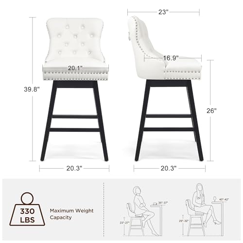 Image of White Leather Swivel Bar Stools Set of 2 with Back, 26 Inch Counter Height Chairs, Solid Wood Legs, Tufted Seat, Comfortable and Stylish for Kitchen, Island, Home Bar(White, 2 Pack, 26 inch H)