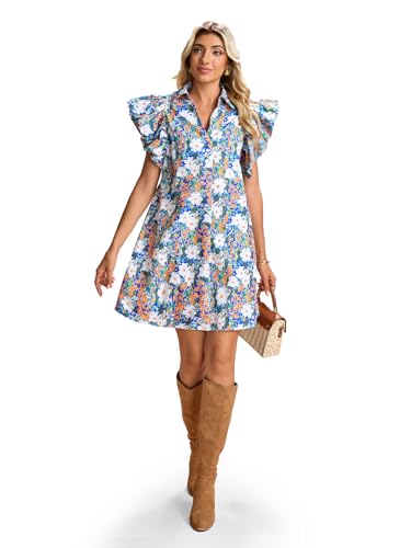 Image of hibshaby Women's Floral Babydoll Mini Dress V-Neck Ruffle Sleeve Cute Dress Sundress