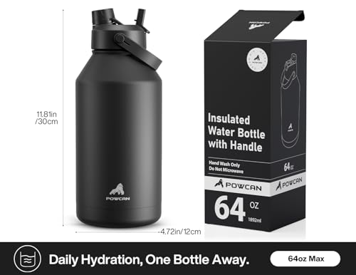 Image of POWCAN 64 oz Insulated Water Bottle with 2-in-1 Straw and Spout Lid, Keep Cold 24H, Leak-Proof, BPA-Free, Double Wall Stainless Steel Water Bottle for Sports, Gym, Travel, and School (Dark Knight)
